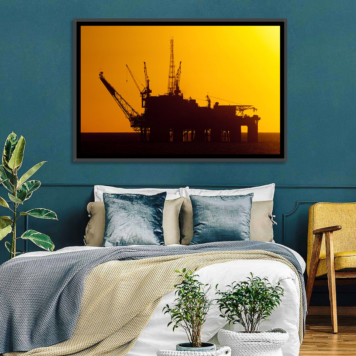 Oil Rig Silhouette at Sunset Wall Art in a room, landscape
