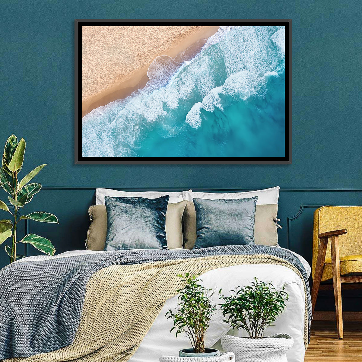 Aerial Turquoise Beach Waves Wall Art in a room, landscape