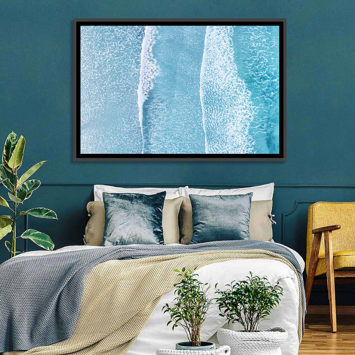 Twin Breaking Waves Over Turquoise Sea Wall Art in a room, landscape