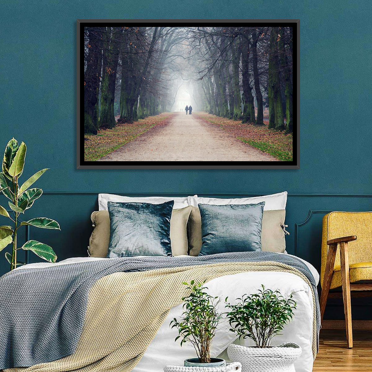 Foggy Tree Lined Walkway in Autumn Wall Art in a room, landscape
