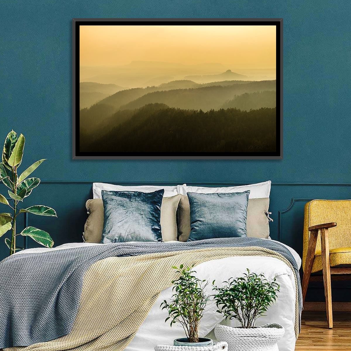 Misty Golden Ridge Landscape Wall Art in a room, landscape
