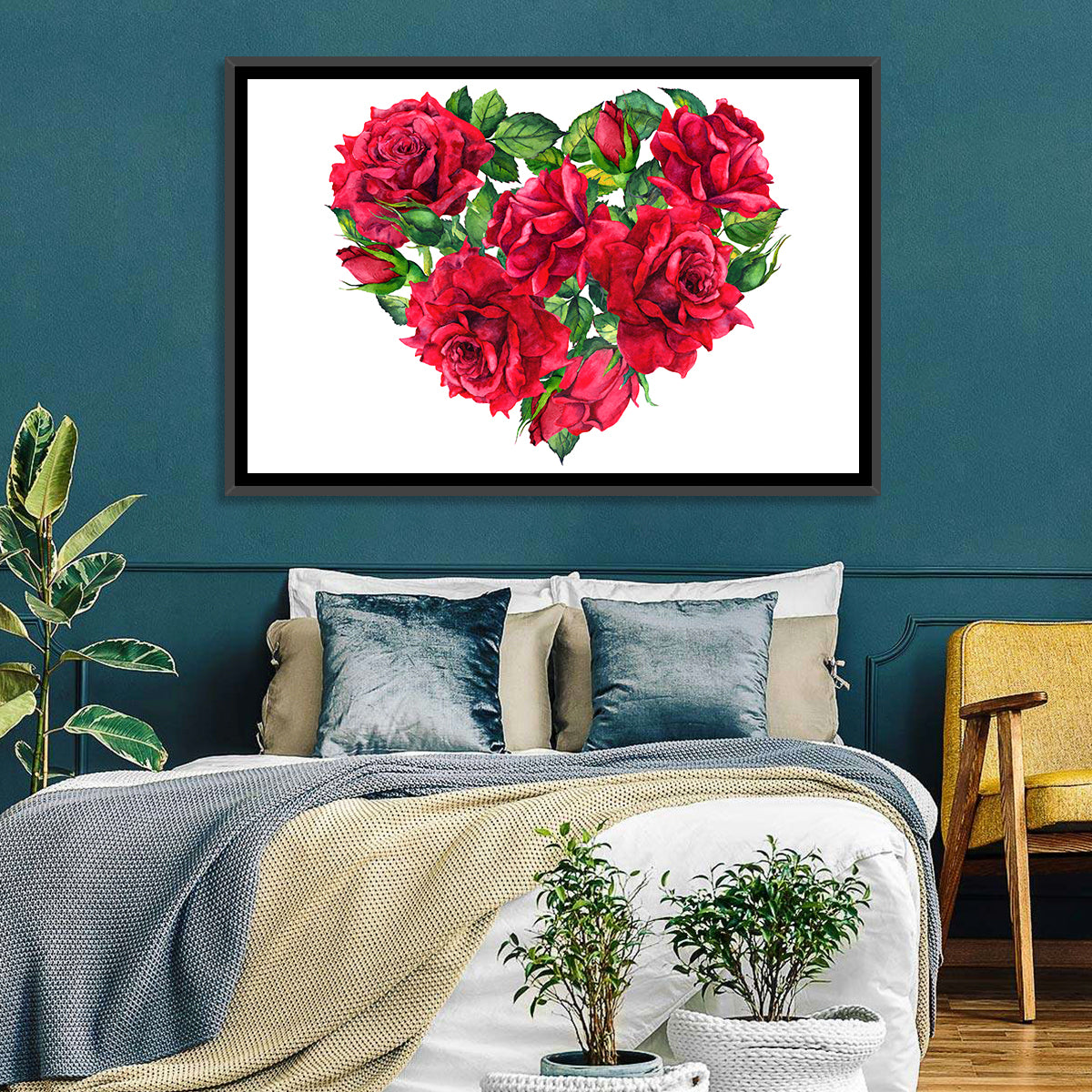 Watercolor Rose Heart Wall Art in a room, landscape