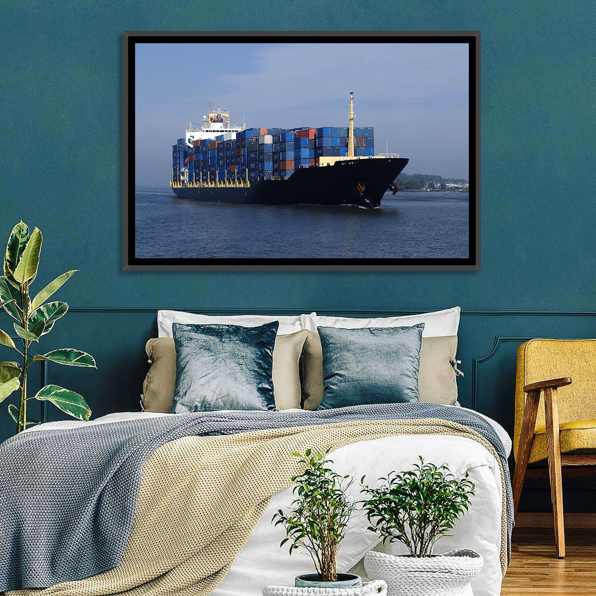 Container Ship in Motion Wall Art in a room, landscape