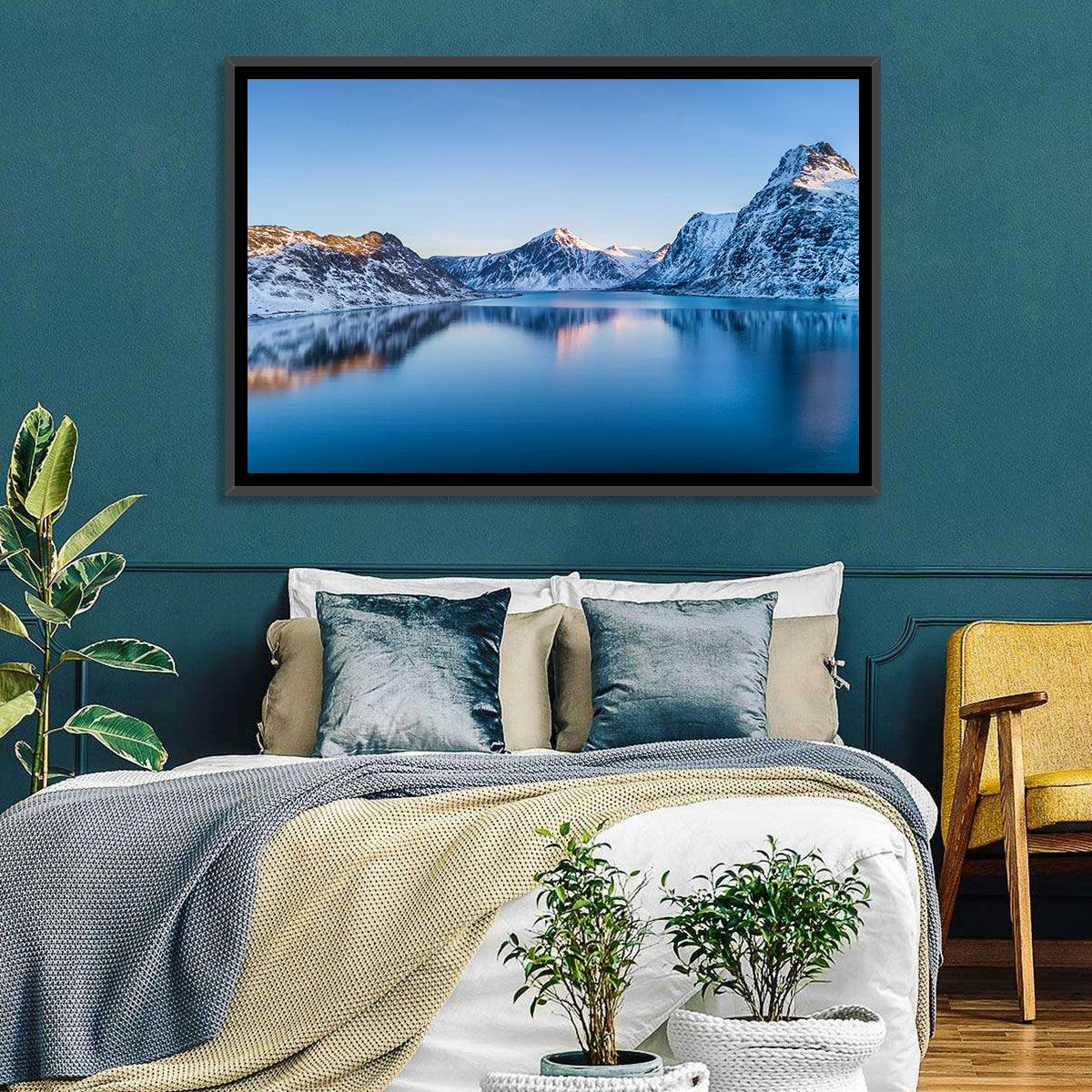 Snowy Lofoten Reflection Wall Art in a room, landscape