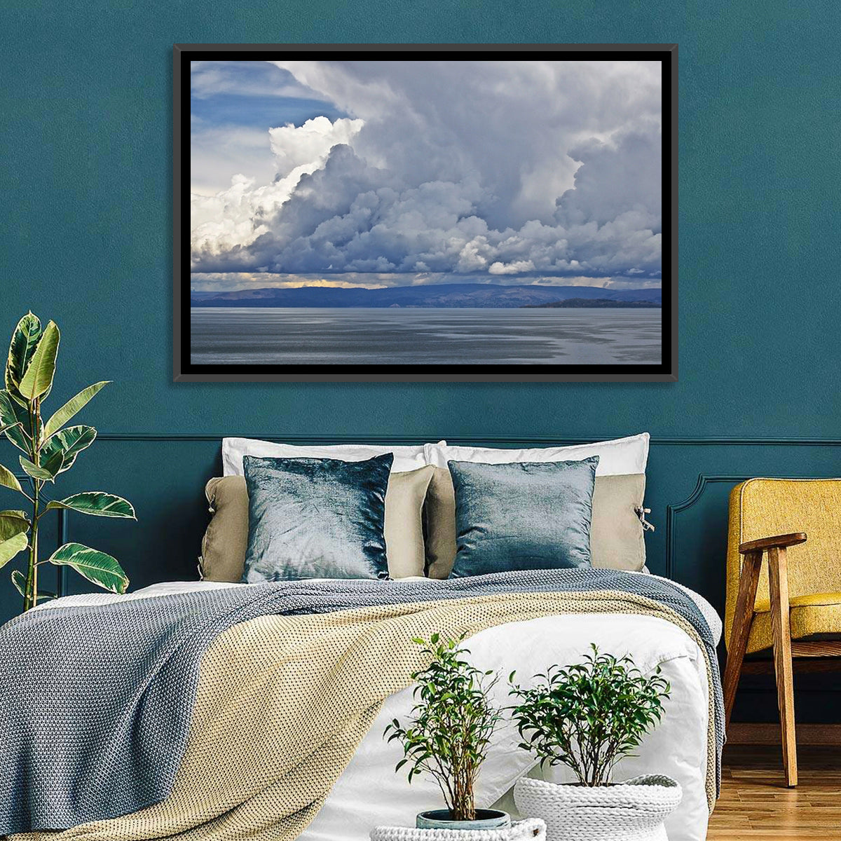 Lake Titicaca Moody Cloudscape Wall Art in a room, landscape