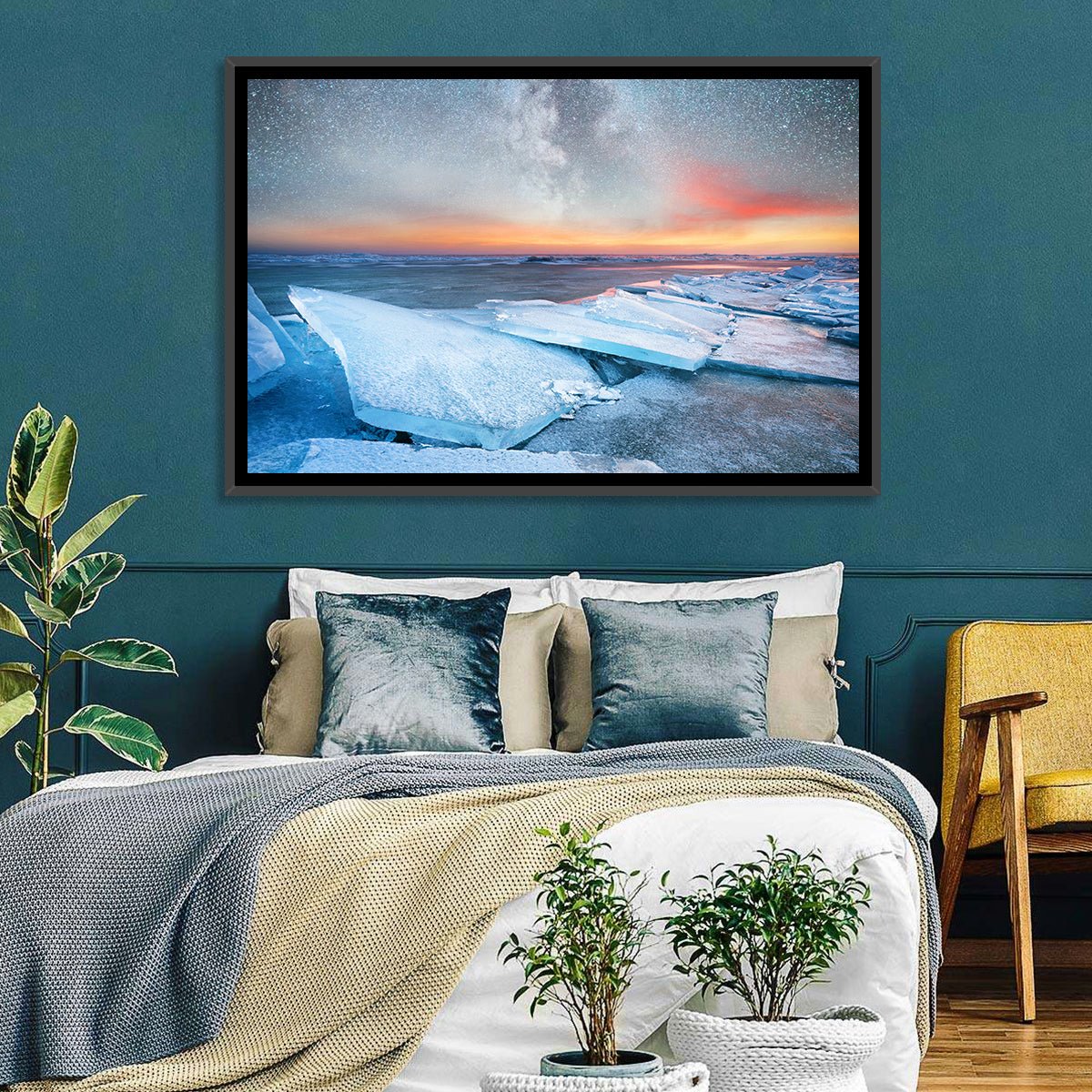 Milky Way Over Frozen Shore Wall Art in a room, landscape