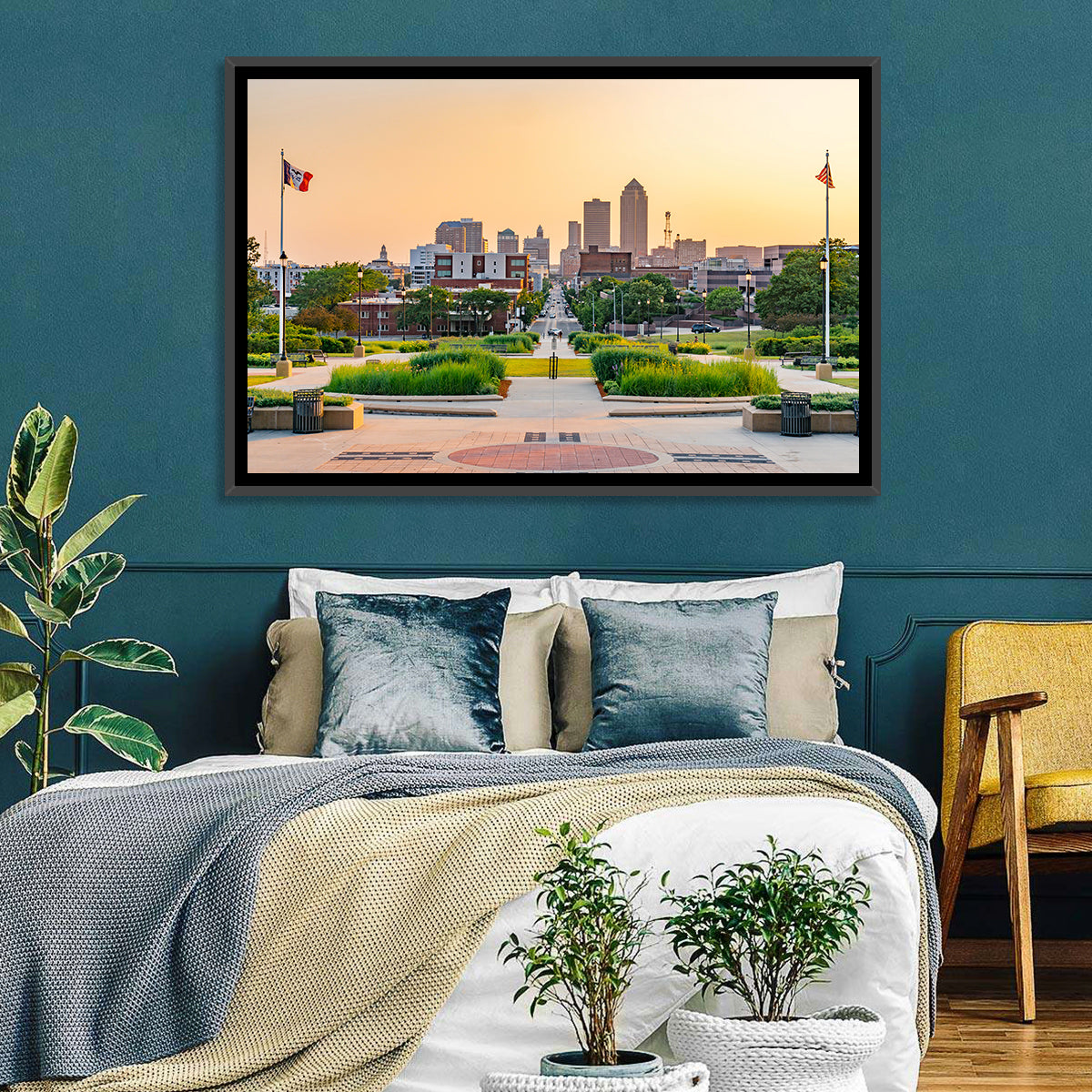 Des Moines Golden Hour Skyline Wall Art in a room, landscape