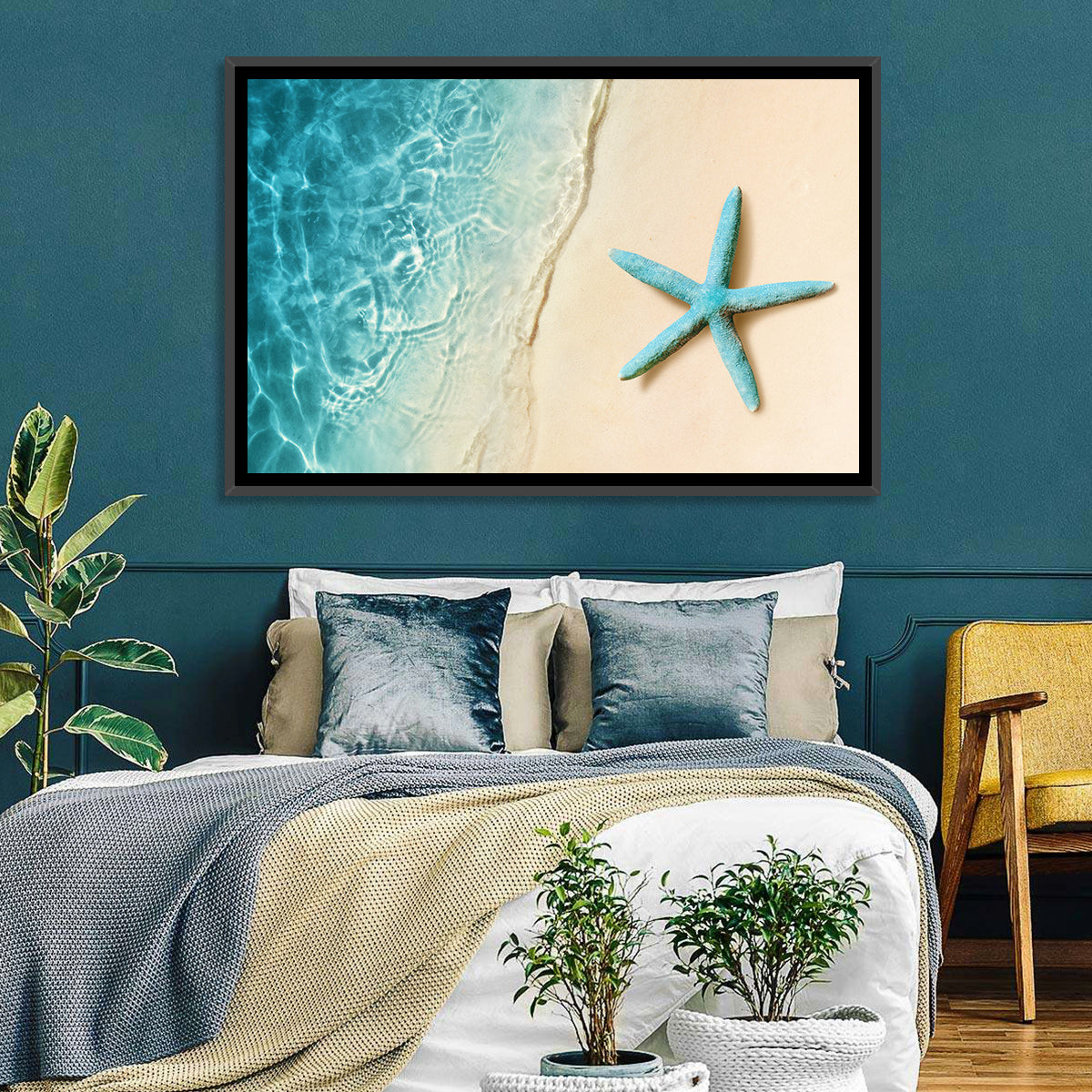 Blue Starfish on Sandy Beach Wall Art in a room, landscape