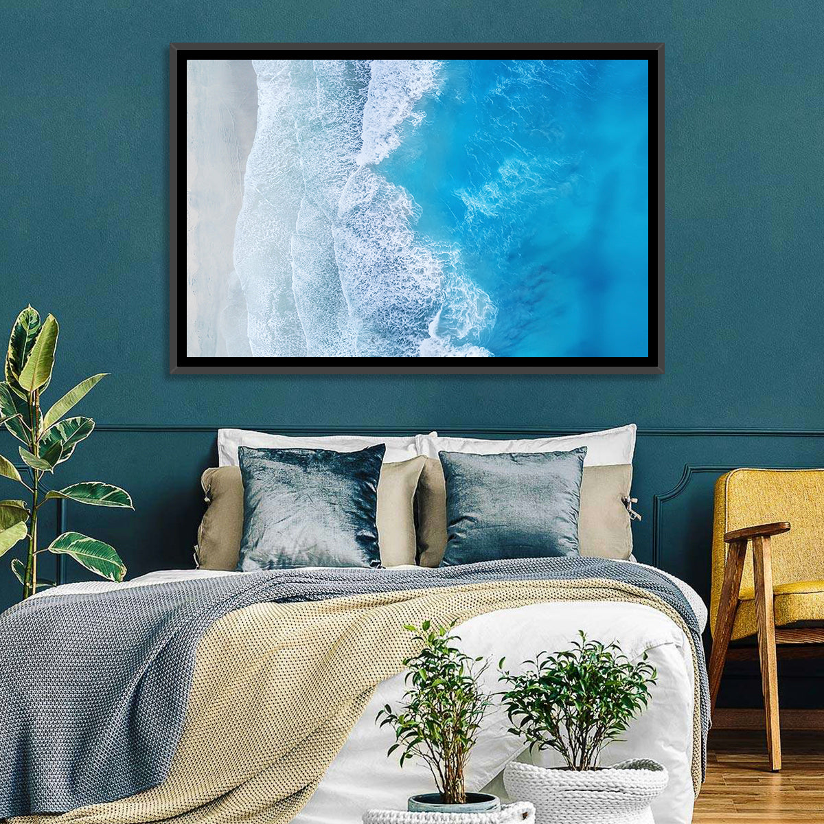 Aerial Turquoise Beach Waves Wall Art in a room, landscape