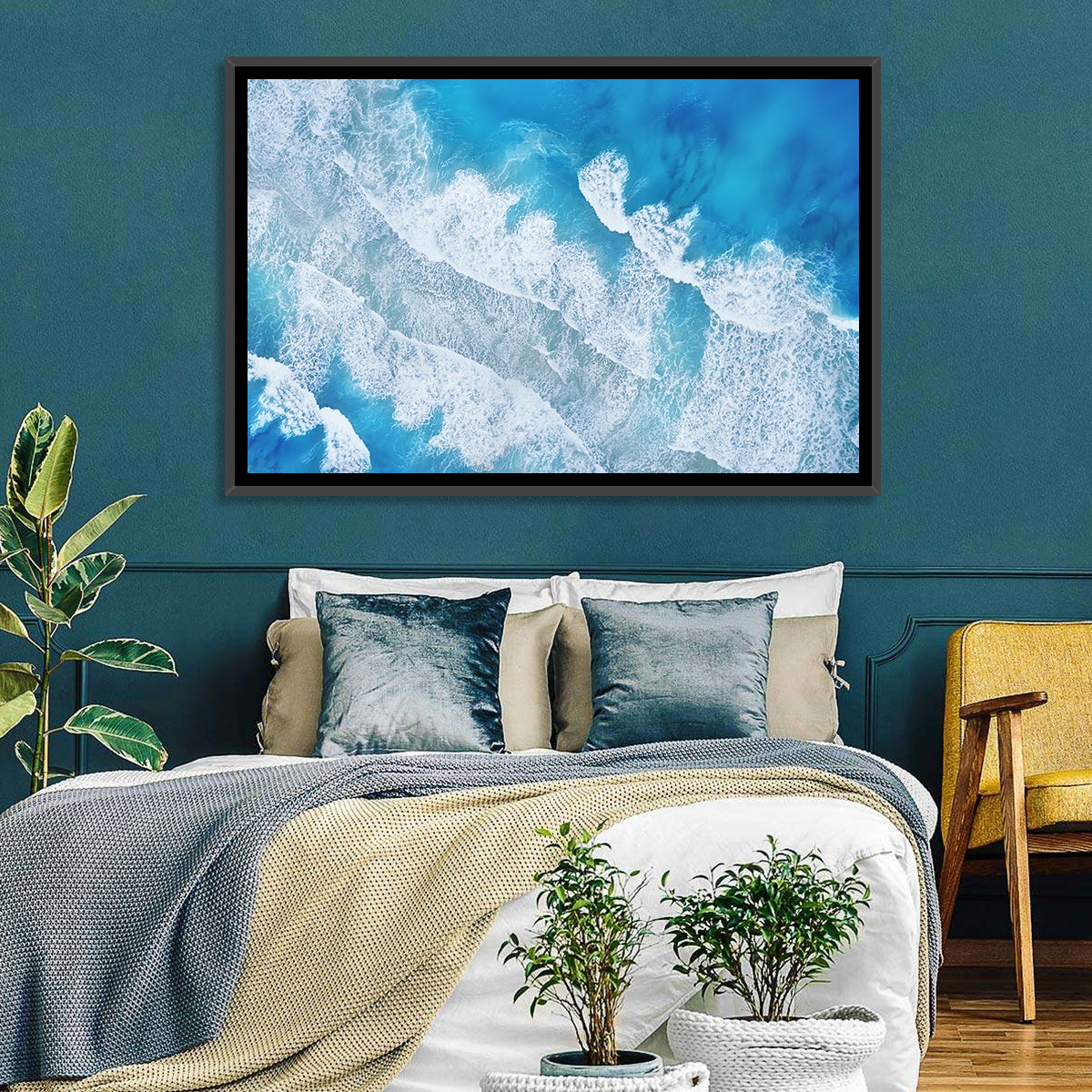 Aerial Turquoise Waves Wall Art in a room, landscape