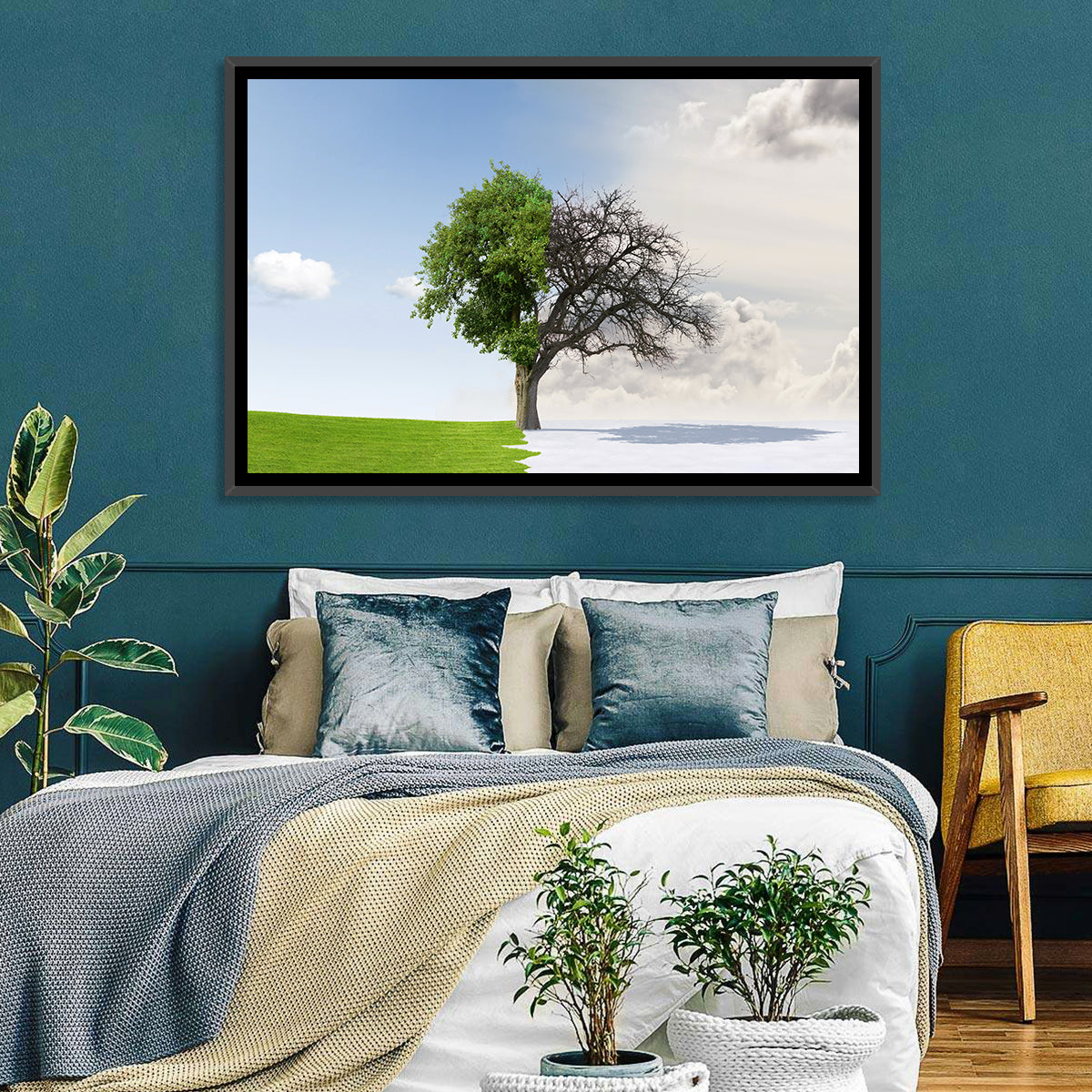 Summer to Winter Split Tree Wall Art in a room, landscape