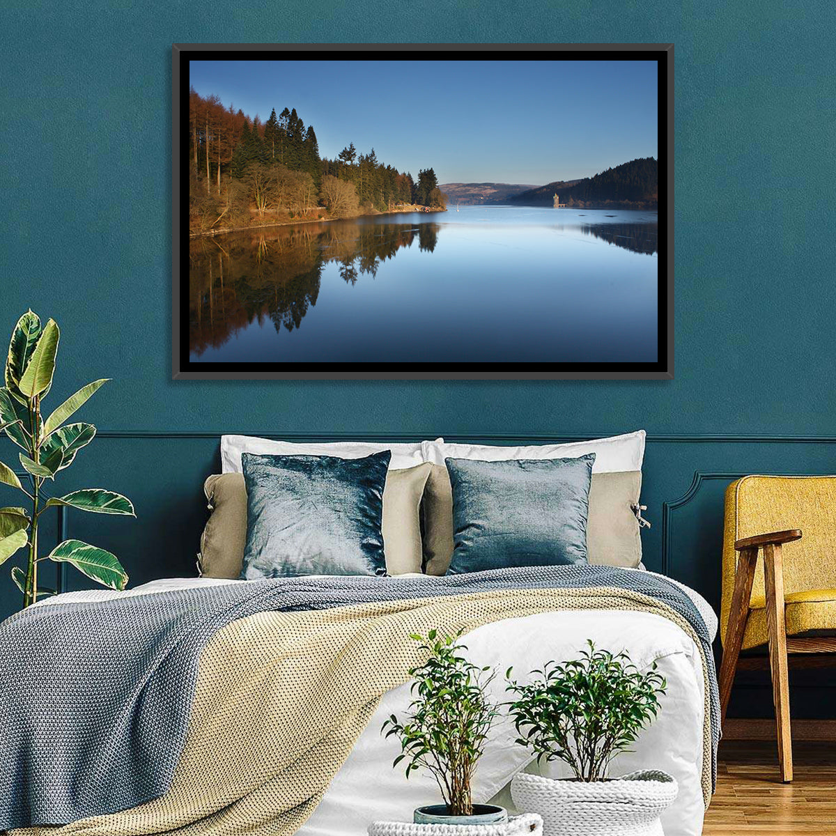 Lake Vyrnwy Golden Hour Reflection Wall Art in a room, landscape