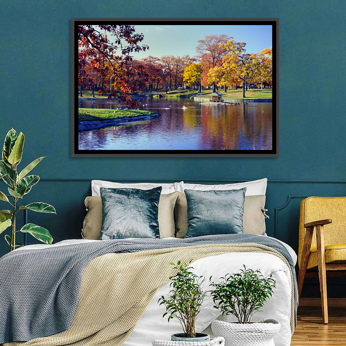 Deering Oaks Autumn Pond Wall Art in a room, landscape
