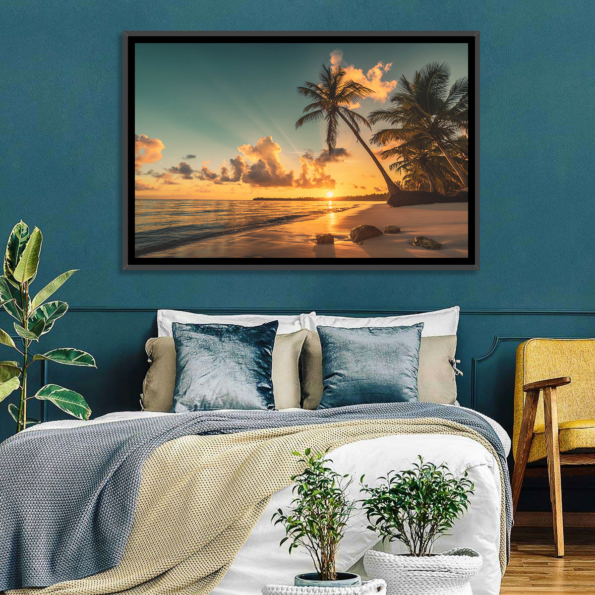 Golden Hour Palm Beach Sunset Wall Art in a room, landscape