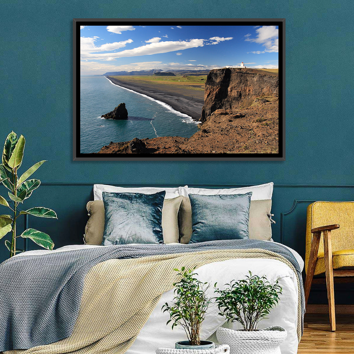 Dyrhólaey Black Sand Beach and Sea Stack Wall Art in a room, landscape