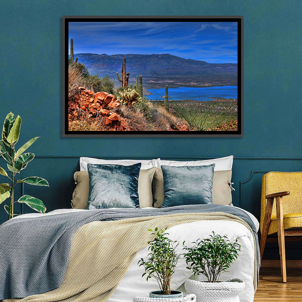 Roosevelt Lake Saguaro Vista Wall Art in a room, landscape