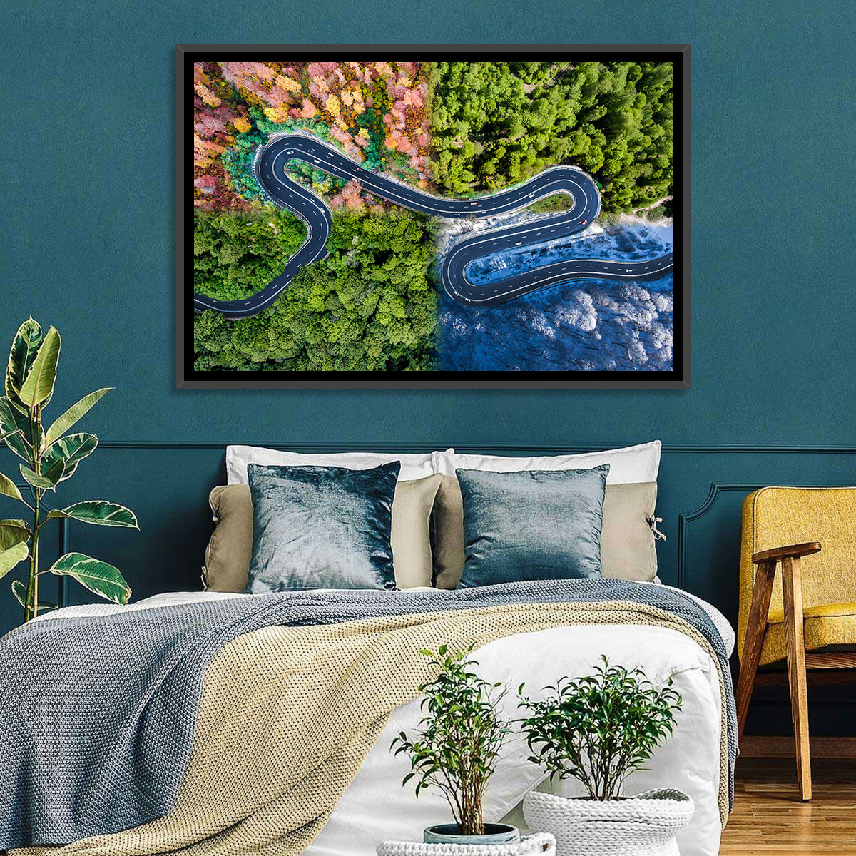 Four Seasons Winding Road Wall Art in a room, landscape
