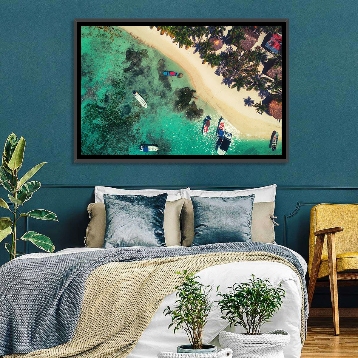 Aerial Tropical Shoreline with Six Boats Wall Art in a room, landscape