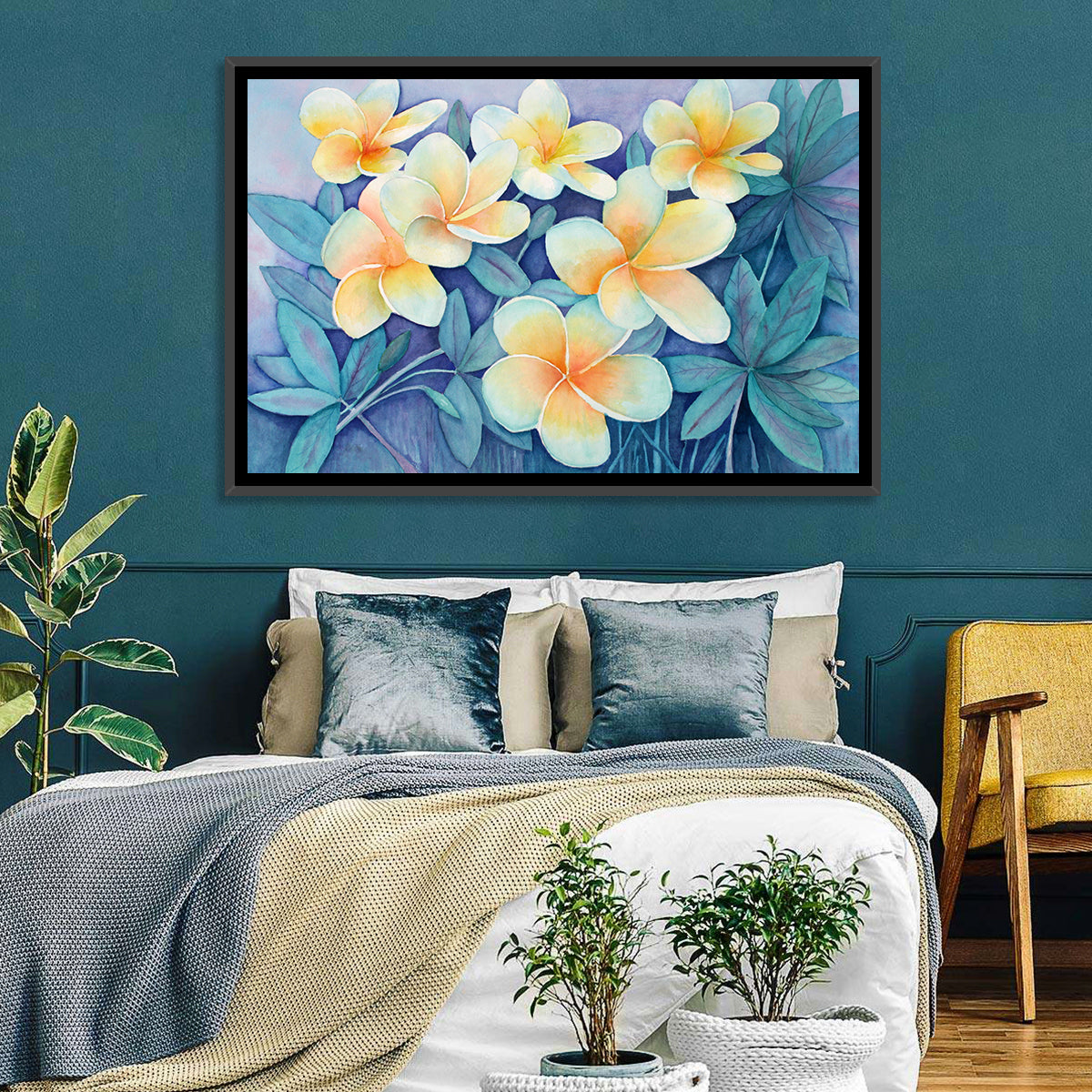 Watercolor Frangipani Cluster Wall Art in a room, landscape