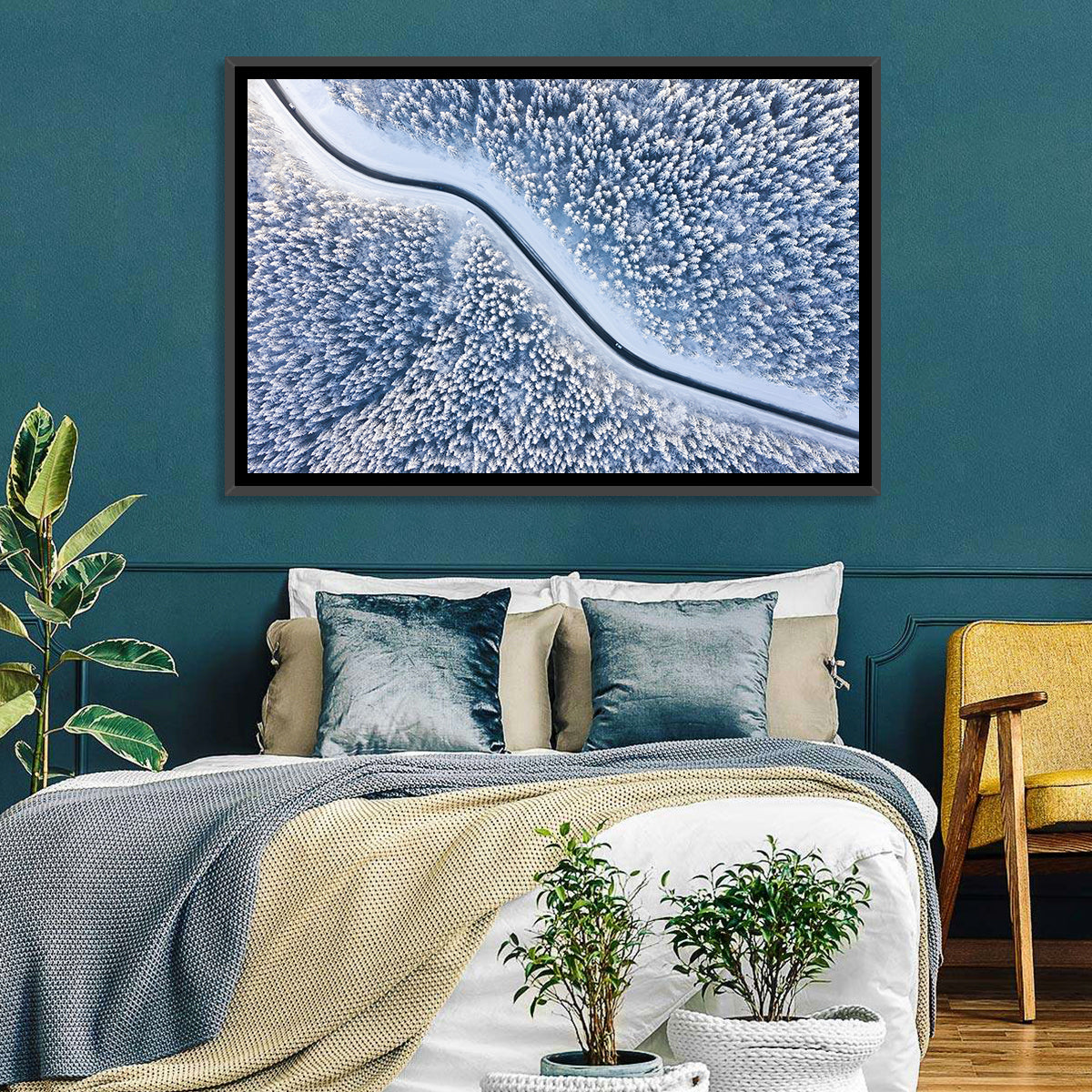 Winding Snowy Forest Road Wall Art in a room, landscape