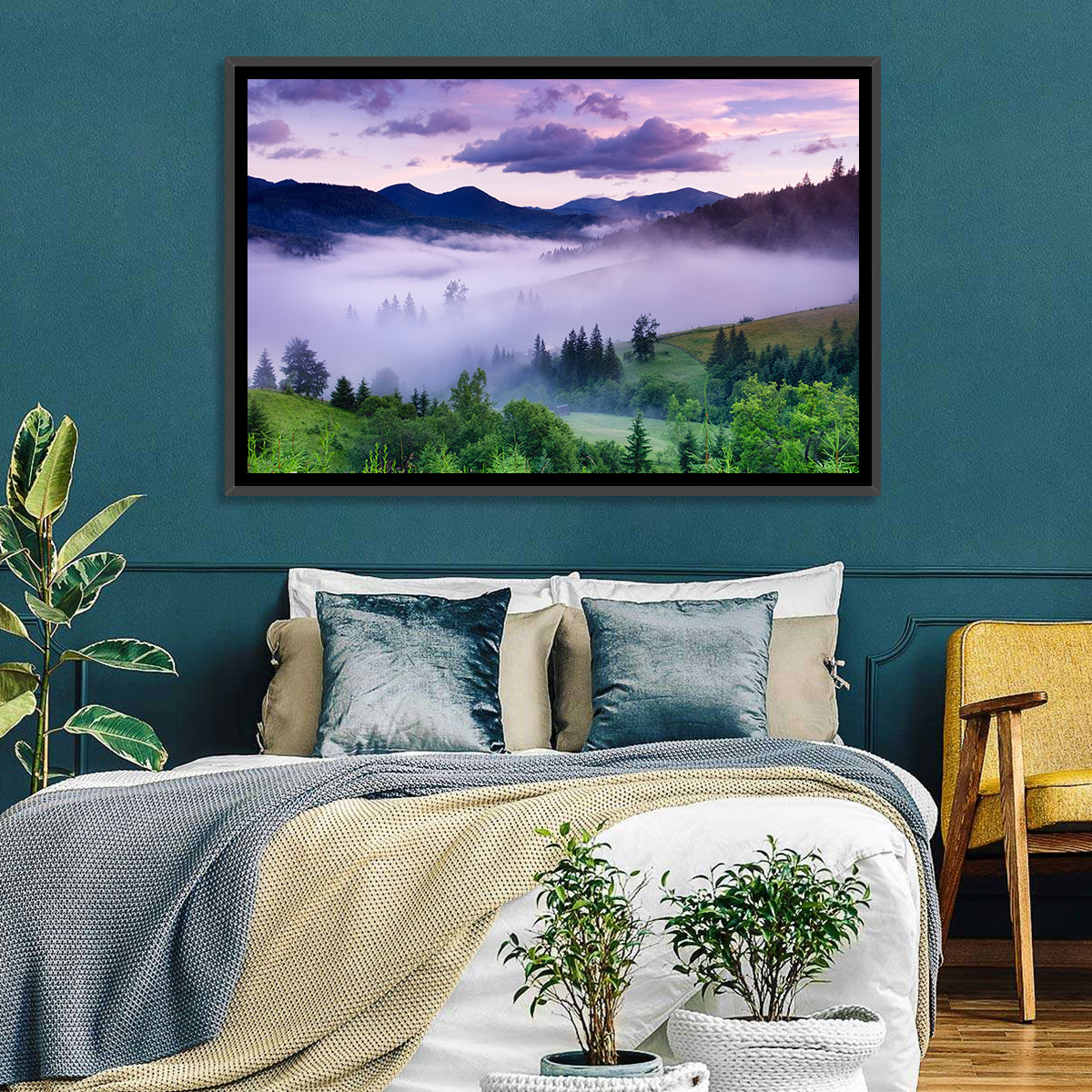 Misty Mountain Valley at Twilight Wall Art in a room, landscape