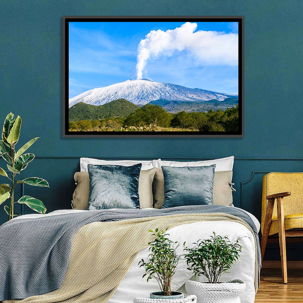 Snow-capped Mount Etna with Volcanic Plume Wall Art