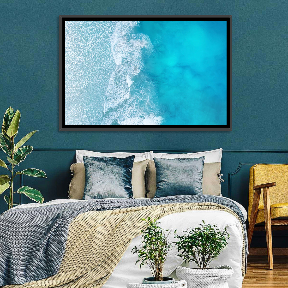 Turquoise Aerial Ocean Waves Wall Art in a room, landscape
