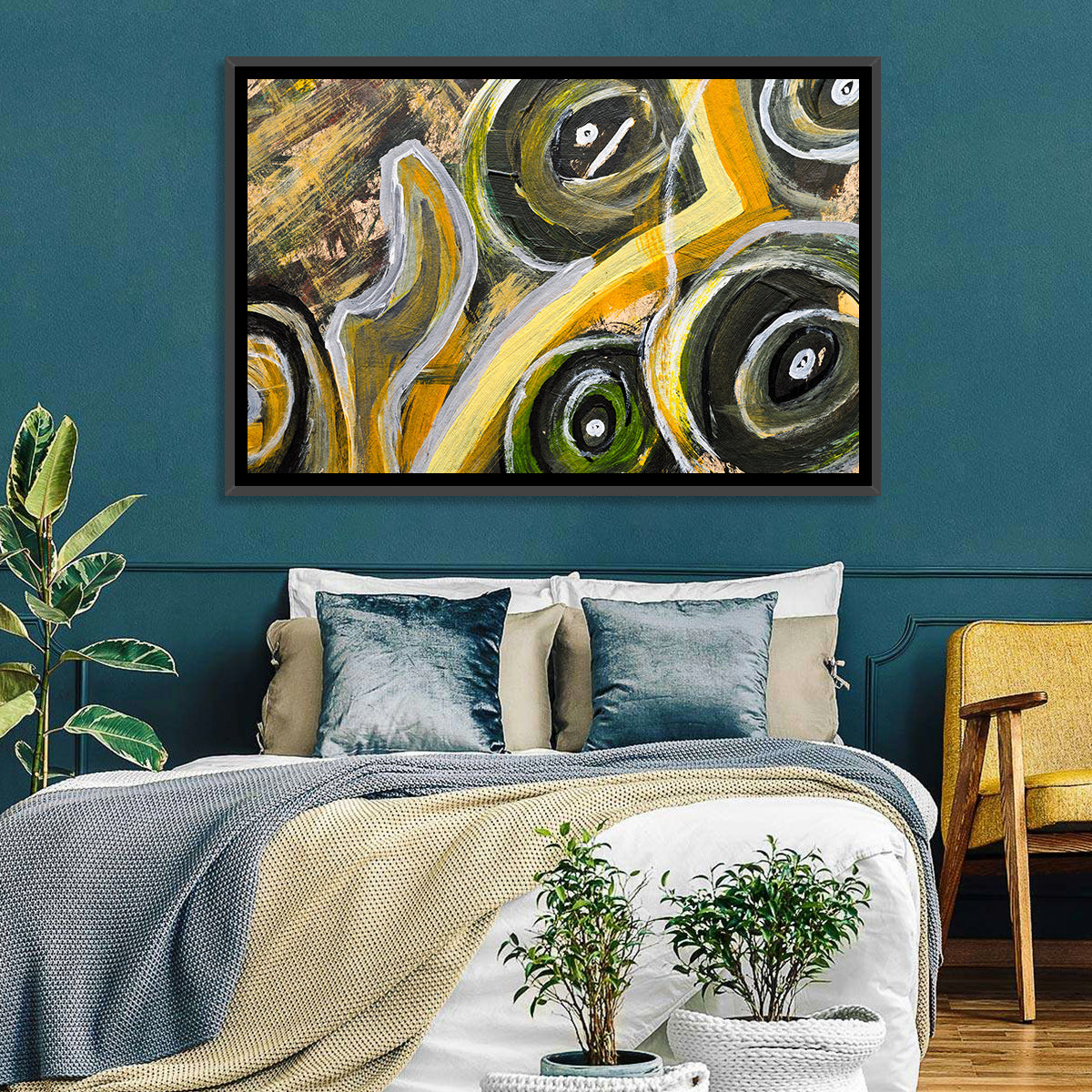 Impasto Swirl Circles in Yellow and Black Wall Art in a room, landscape