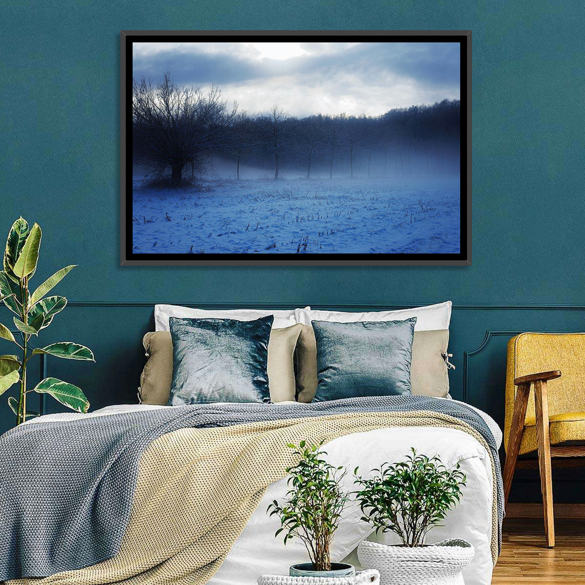 Snowy Italian Countryside Wall Art in a room, landscape