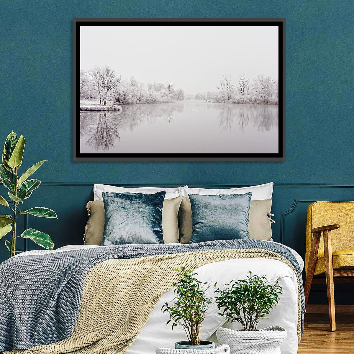 Frozen River Reflection in Winter Fog Wall Art in a room, landscape
