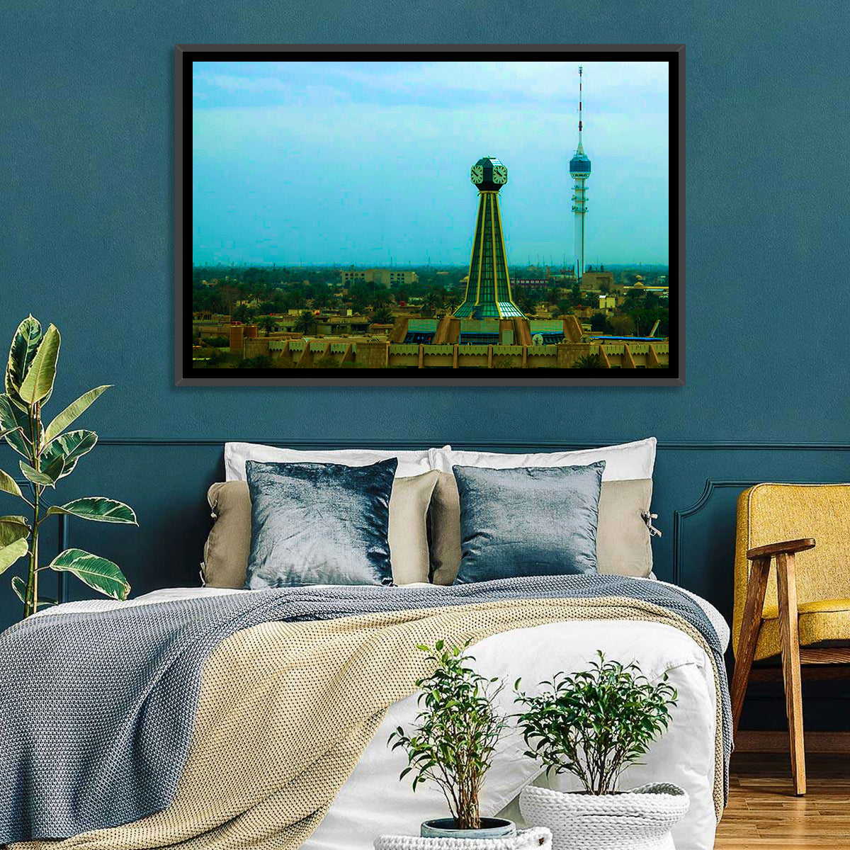 Baghdad Clock Tower Cityscape Wall Art in a room, landscape