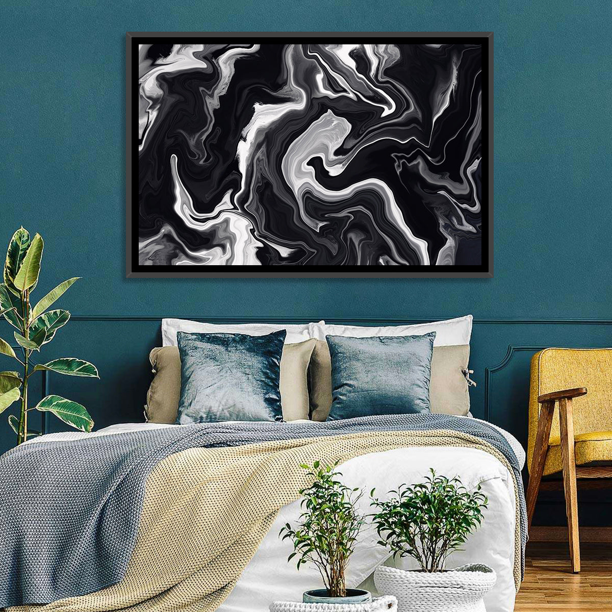 Flowing Black Marble Abstract Wall Art in a room, landscape