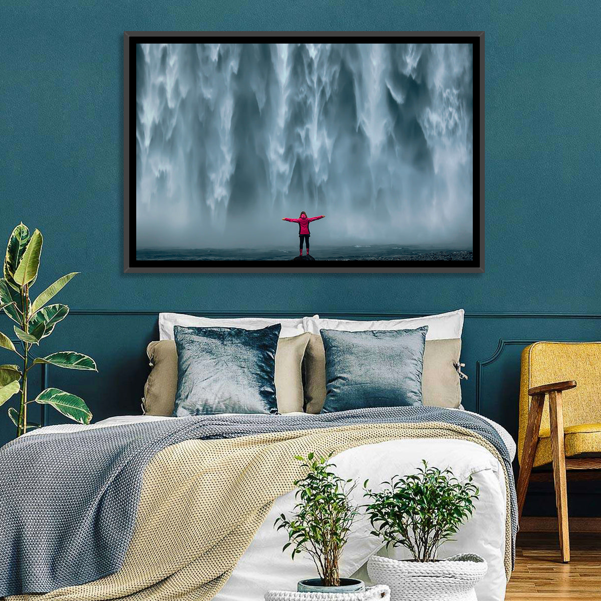Skogafoss Waterfall with Figure in Pink Wall Art in a room, landscape