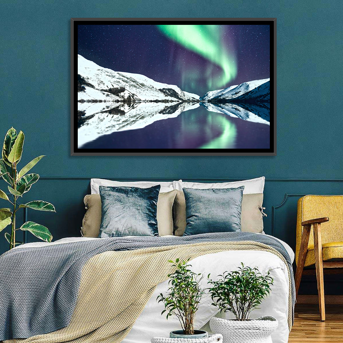 Emerald Aurora Over Mirror Lake Wall Art in a room, landscape