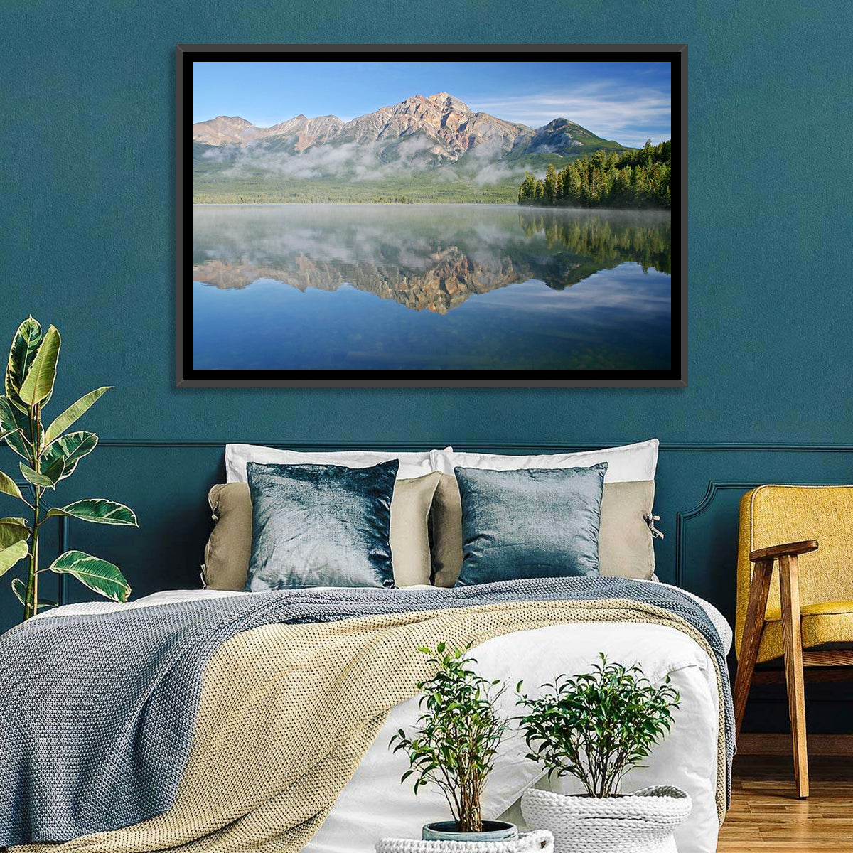 Pyramid Mountain Reflection Wall Art in a room, landscape