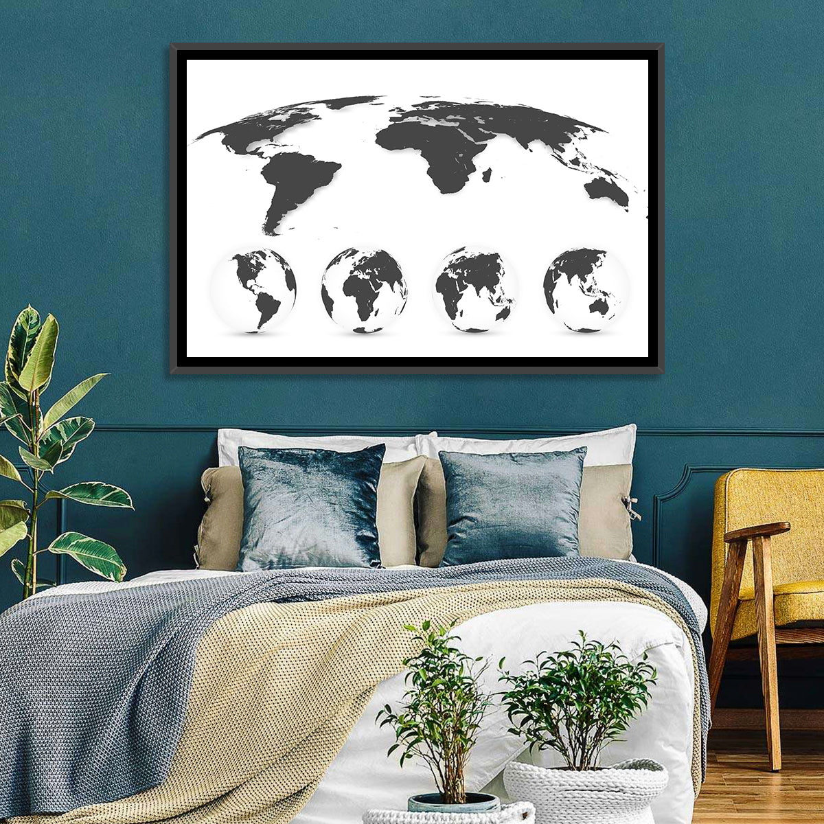 Stylized World Map and Globe Icons Wall Art in a room, landscape