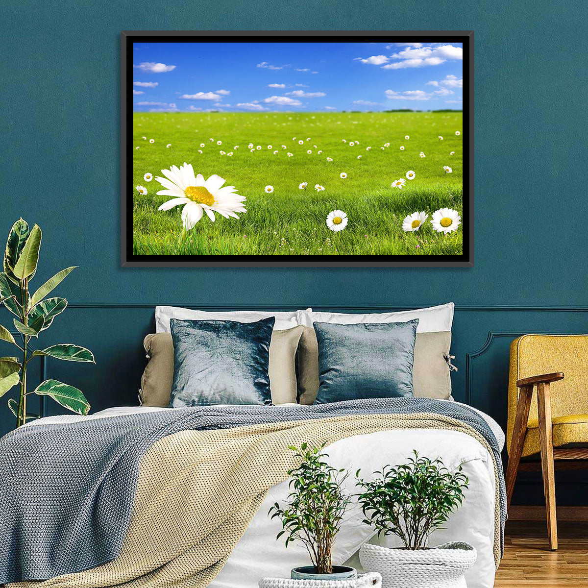 Spring Daisy Meadow Wall Art in a room, landscape