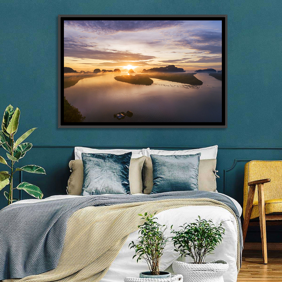 Phang Nga Bay Sunrise Wall Art in a room, landscape