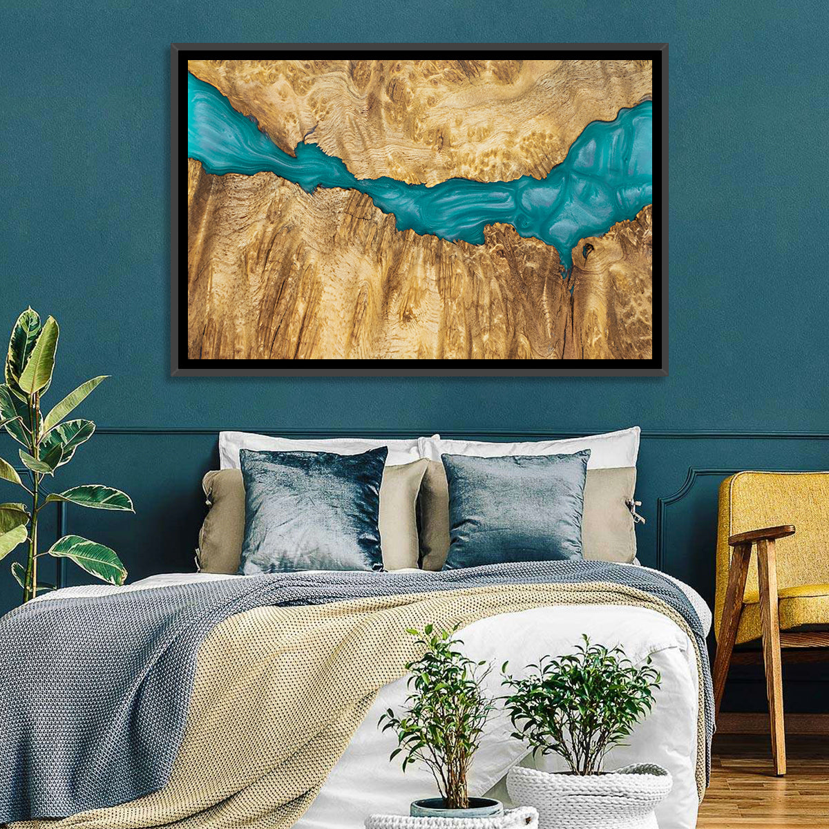 Burled Wood River with Teal Resin Wall Art
