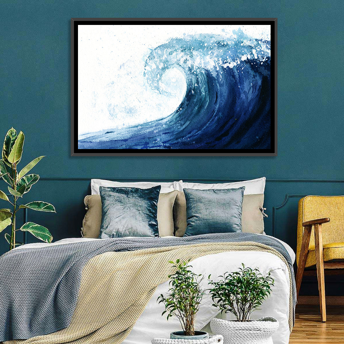 Watercolor Cresting Wave Wall Art in a room, landscape