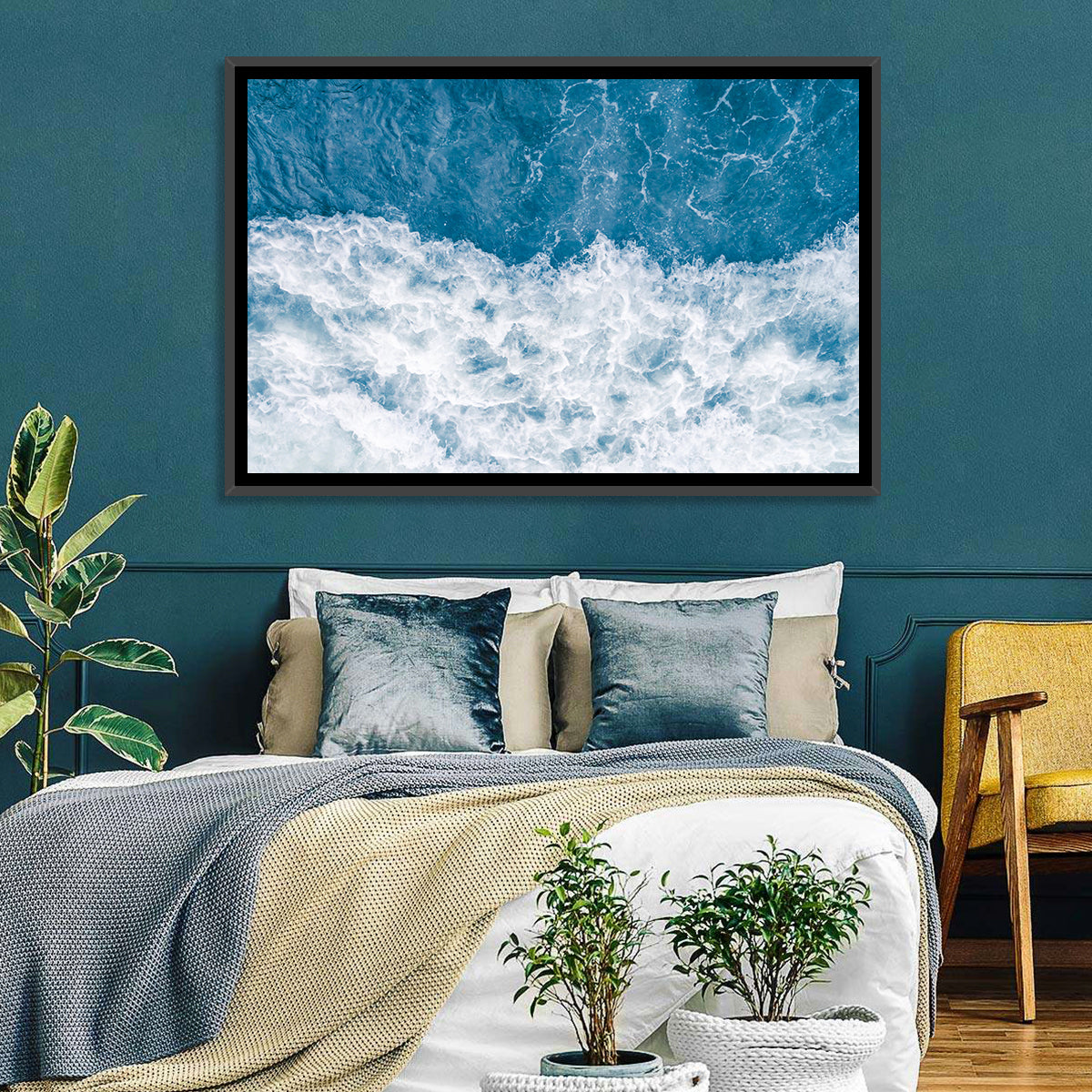 Stormy Blue Sea Wave Wall Art in a room, landscape