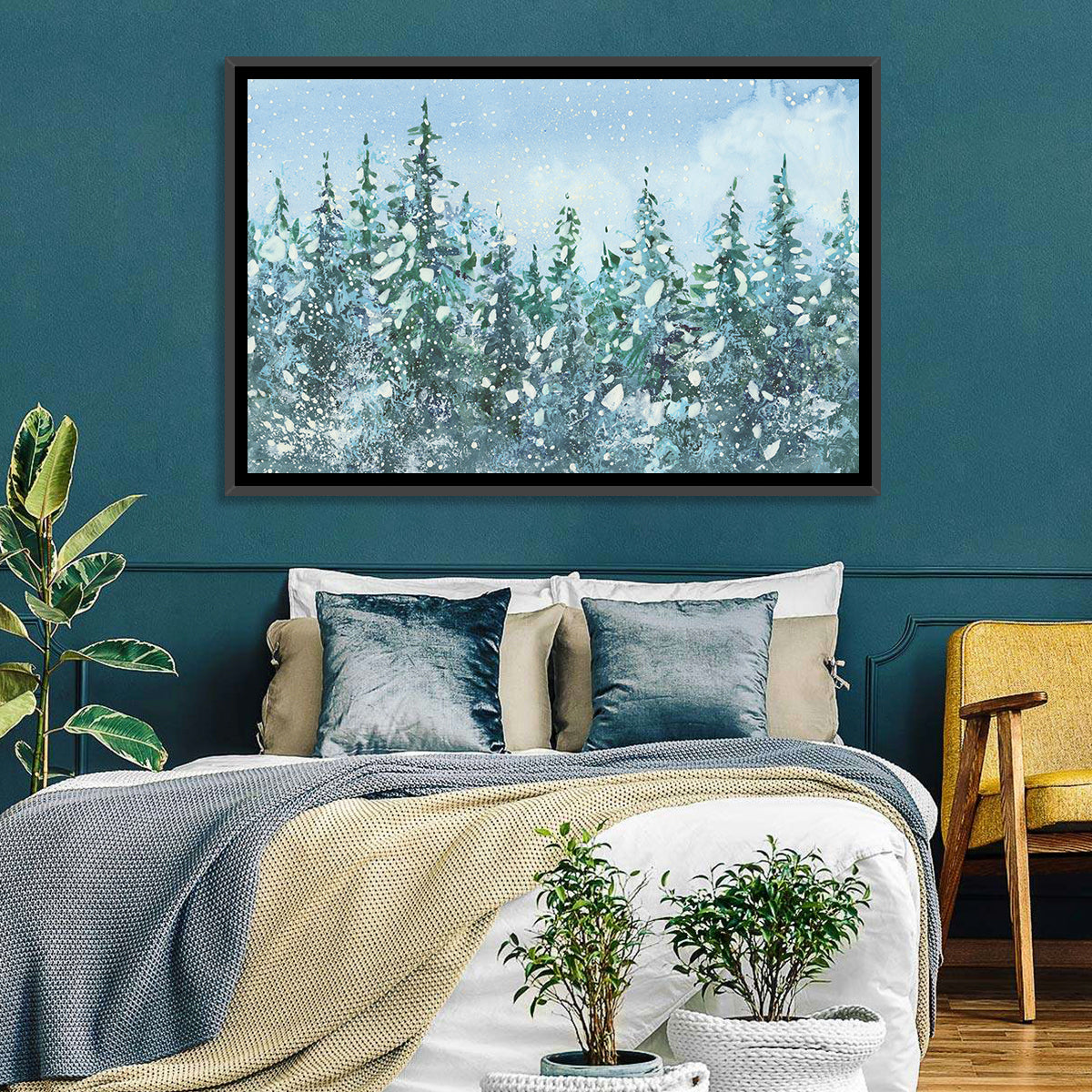 Snowy Spruce Forest Wall Art in a room, landscape