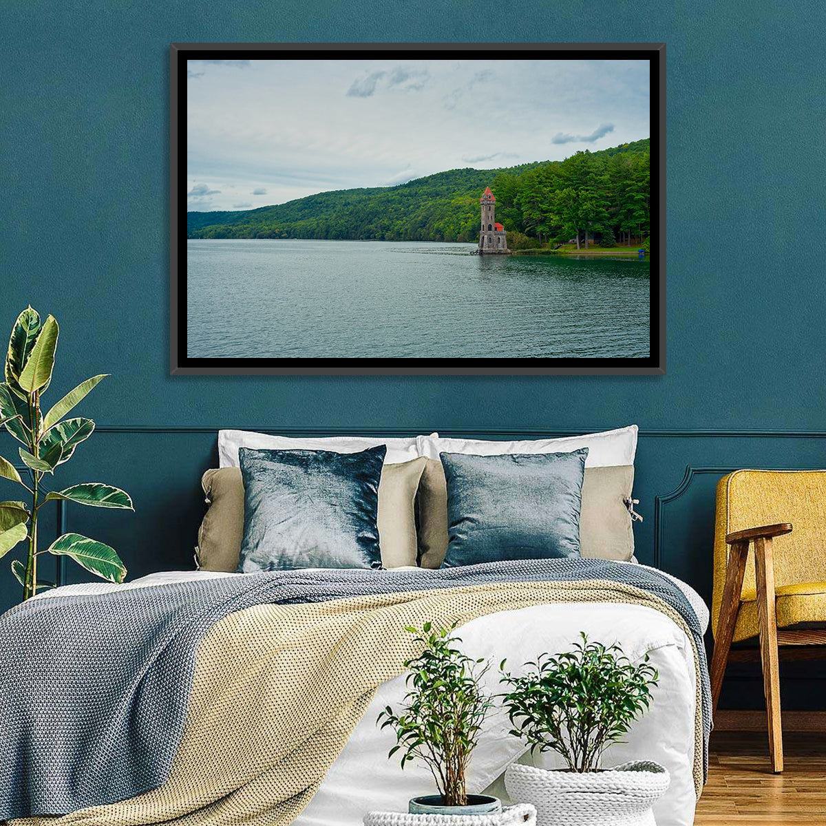Otsego Lake View with Stone Tower Wall Art in a room, landscape