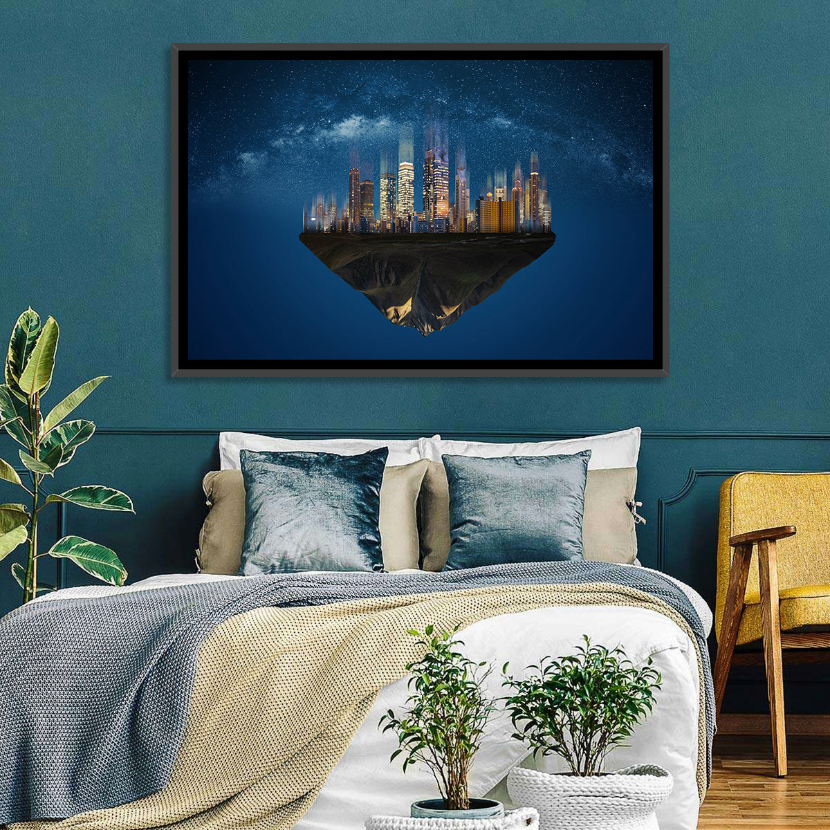 Floating City Island Wall Art in a room, landscape