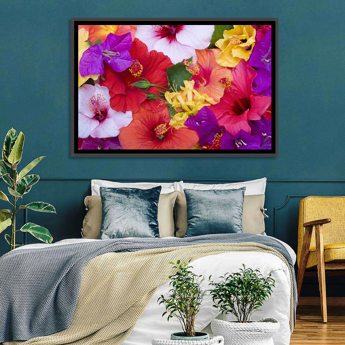 Tropical Bougainvillea and Hibiscus Bloom Wall Art in a room, landscape