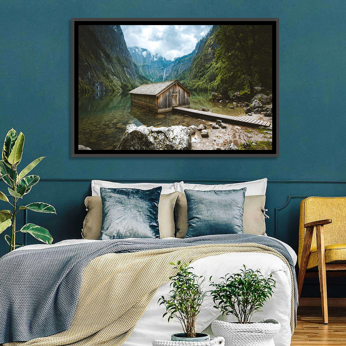 Cabin on Lake Obersee Wall Art in a room, landscape