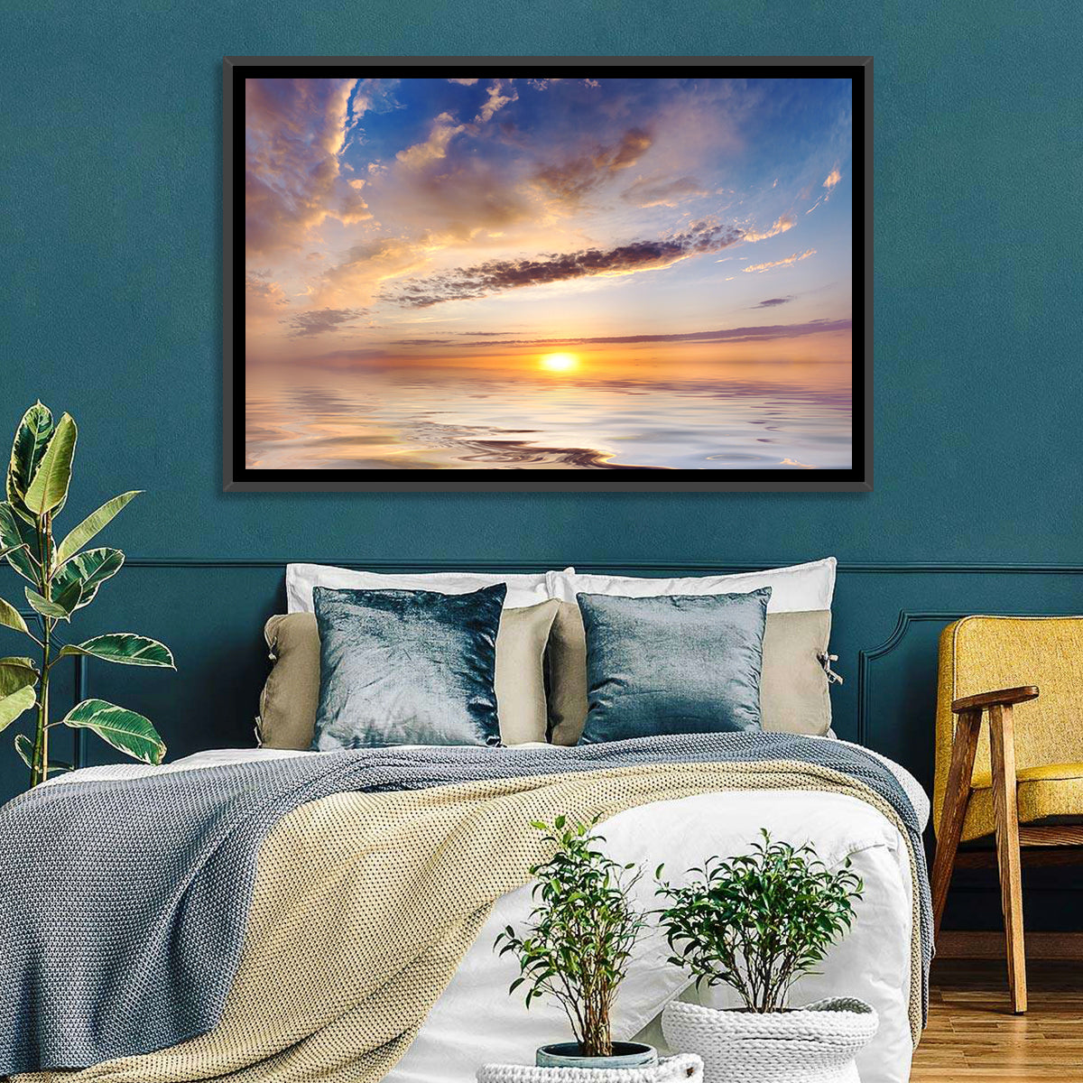 Sunlit Clouds Over Calm Sea Wall Art in a room, landscape