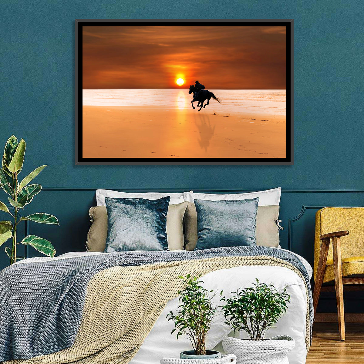 Horse and Rider at Sunset Wall Art in a room, landscape
