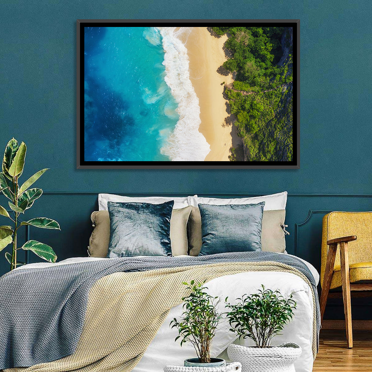 Aerial Turquoise Beach View Wall Art in a room, landscape