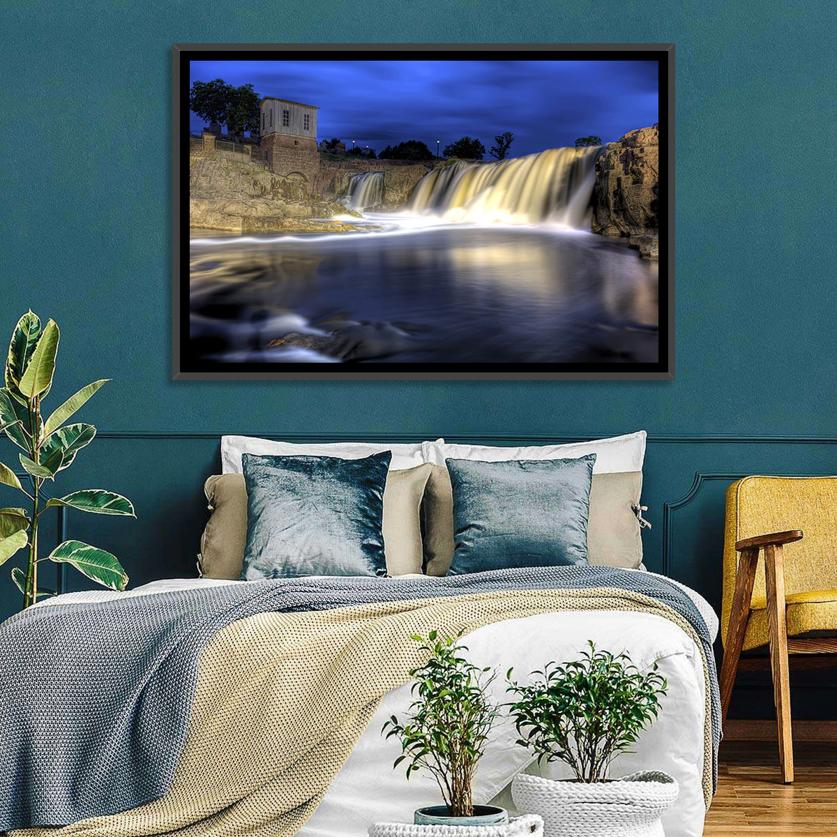 Queen Bee Mill Waterfall Wall Art in a room, landscape
